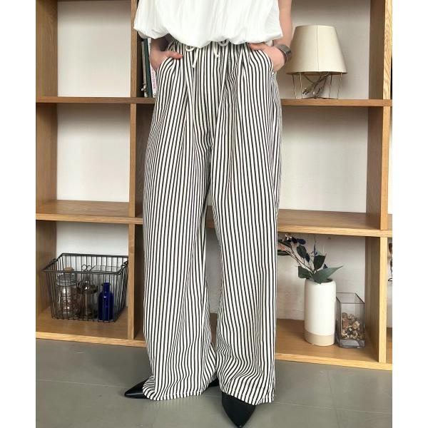ワイドパンツ パンツ ストライプセミワイドパンツ イージーパンツ レディース