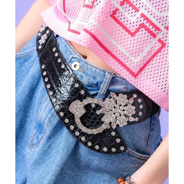 ベルト an meets zakka 装飾ジルコニアパテント合成皮革ミックスゴムベルト レディース ...