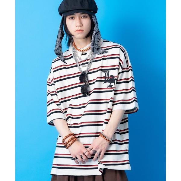 ポロシャツ a.p.o.v. ワンポイントロゴ刺繍×ビッグナンバリングプリントボーダー柄オーバーサイ...