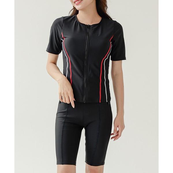 水着 「3点セット」半袖 ライン入り ジップアップ フィットネス 水着 レディース