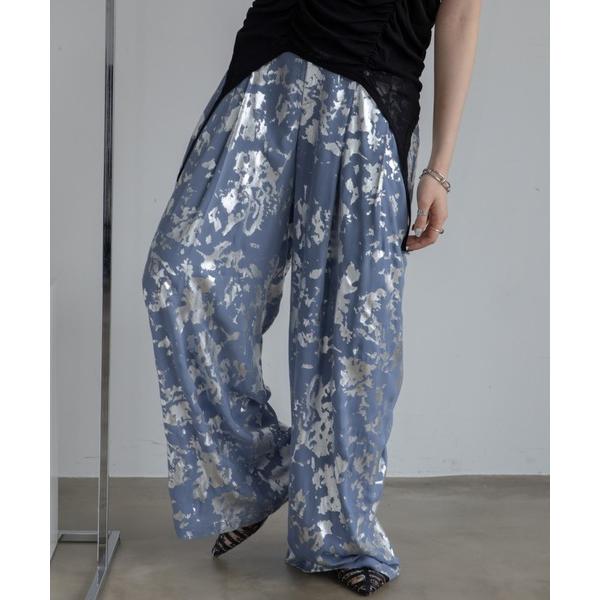 スラックス パンツ メタリックペイント柄サイドポケットスラックスパンツ レディース