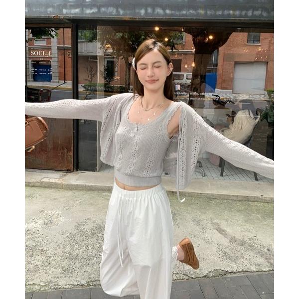カーディガン 二点セット　透かし編みショート丈カディカン+キャミソール レディース