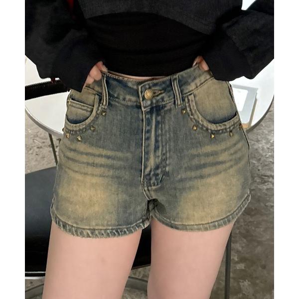 ジーンズ デニム デニムパンツ ￥追加生産 再入荷 / スタッズ デニムショートパンツ / ポケット...