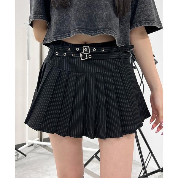 スカート ダブルベルトストライププリーツミニスカート