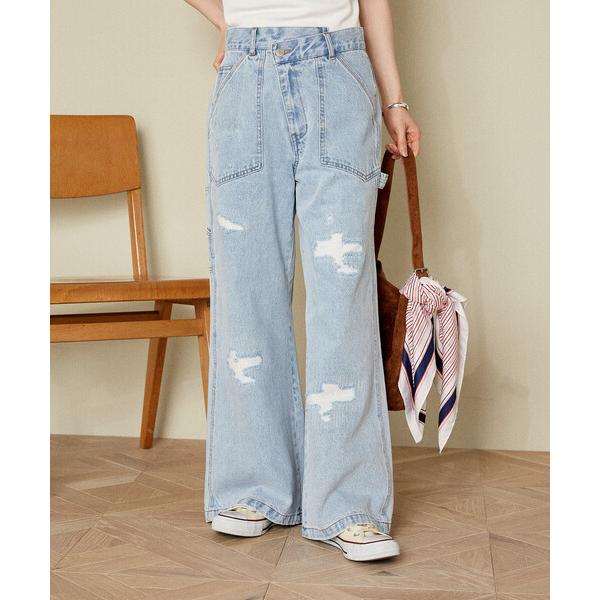 ジーンズ デニム デニムパンツ クロスディテール ペインターワイドダメージパンツ レディース