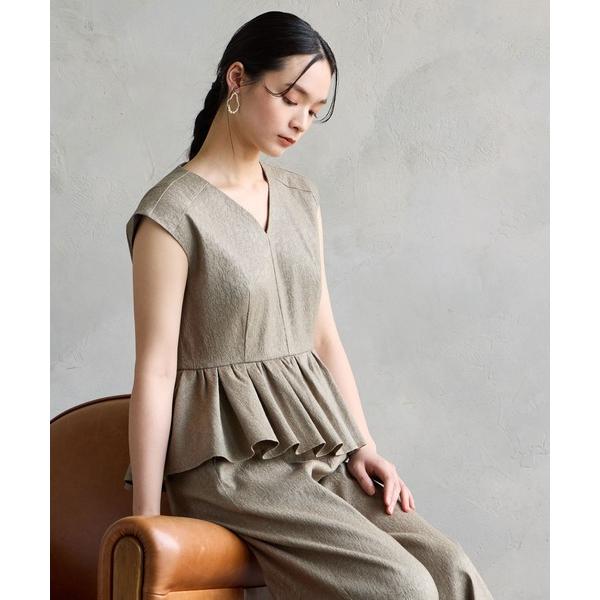 パンツドレス ふくれジャカードVネックペプラムブラウス×ワイドストレートパンツ セットアップパーティ...