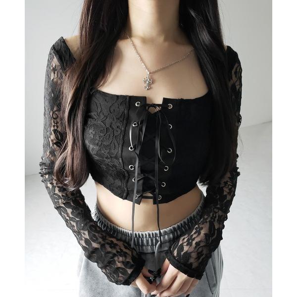 「 ２color 」レースアップコルセットリボンショートレーストップス ／ laceup corse...