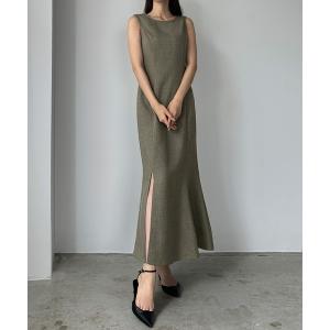 ワンピース リネンライクノースリマーメイドスリットワンピース「高身長サイズMT/低身長サイズS有り」