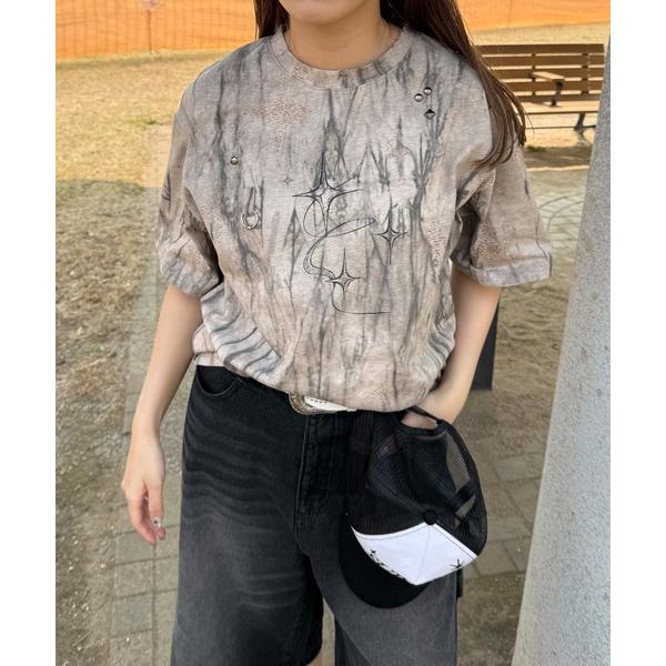 tシャツ スタッズピアス汚れ加工風T レディース メンズ