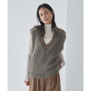 ニット セーター 畦編み切替Vネックシャギーニットベスト レディース