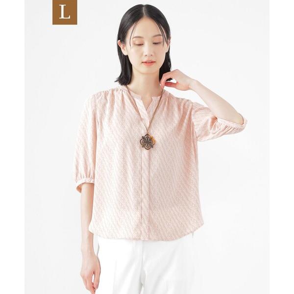 ブラウス シャツ 「L」「UV対策」「ウォッシャブル」ラインキューブプリントキーネックブラウス レデ...