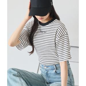 tシャツ ワンポイント刺繍マルチボーダーショート丈半袖Tシャツ レディース