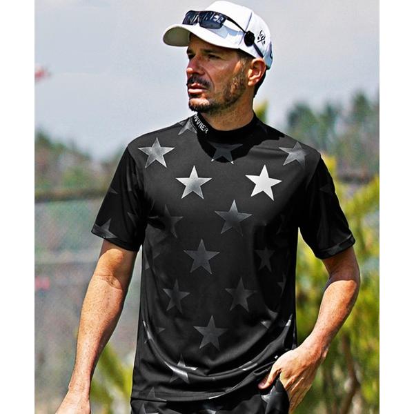 ゴルフ 「DIVINER GOLF」星総柄半袖モックネック Tシャツ メンズ ゴルフウェア ゴルフ ...