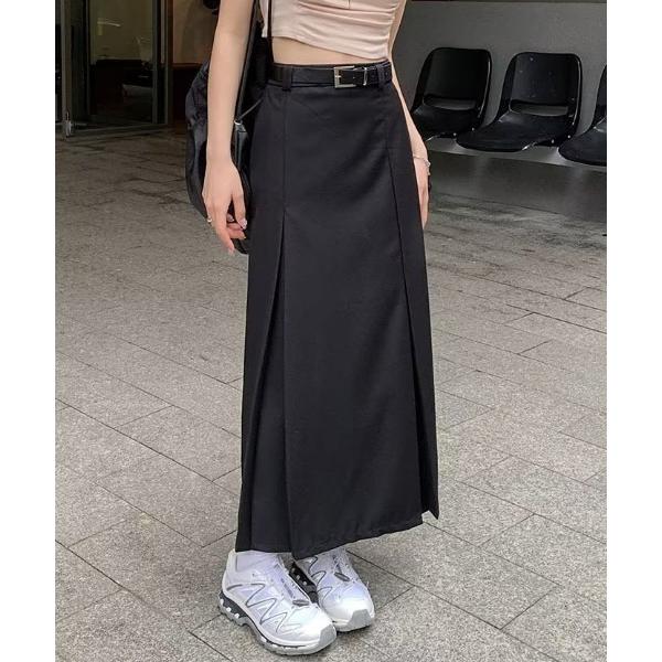 スカート 「ベルト付き」プリーツロングスカート