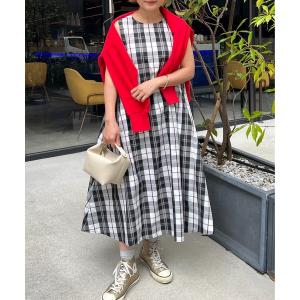 ワンピース バックジップチェック柄フレアーワンピース