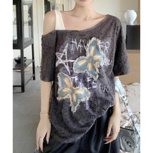 tシャツ 「デニム蝶×ワンショル風」クラッシュTシャツ／個性派エモ映え レディース