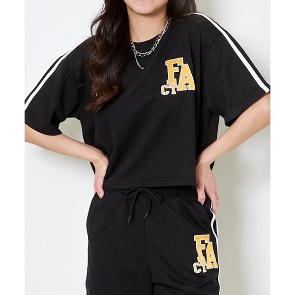 tシャツ 「ライン袖×ロゴ刺繍」ゆるっとスポMIXトップス レディース