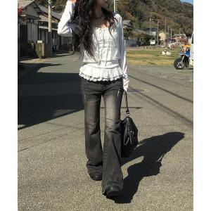 ジーンズ デニム デニムパンツ 「A/M」 ブラックデニムウォッシングブーツカットパンツ レディース