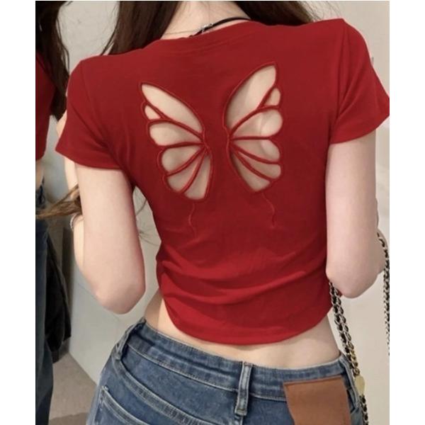 tシャツ バック刺繍バタフライ柄肌見せTシャツ レディース