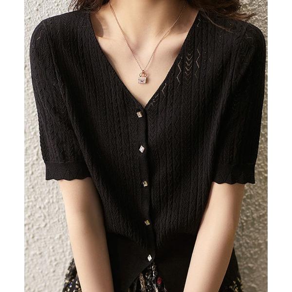 カーディガン 着回し万能♪フェミニンボタンデザインスカラップ裾のVネックサマーニット レディース