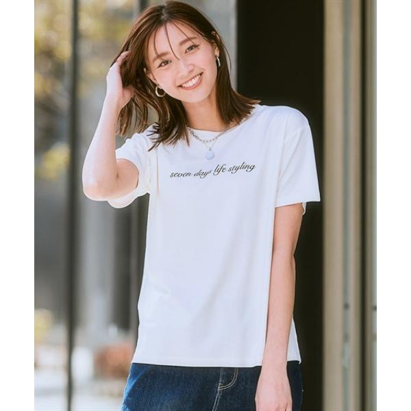 tシャツ 「ひんやり接触冷感」シルケット加工クルーネックロゴトップス レディース