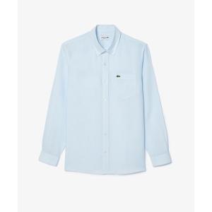 【美品】ラコステ リネン混 白ワニ　鹿の子　長袖ボタンダウンシャツ 白 M LACOSTE（ラコステ） シャツ リネンボタンダウン長袖シャツ メンズ