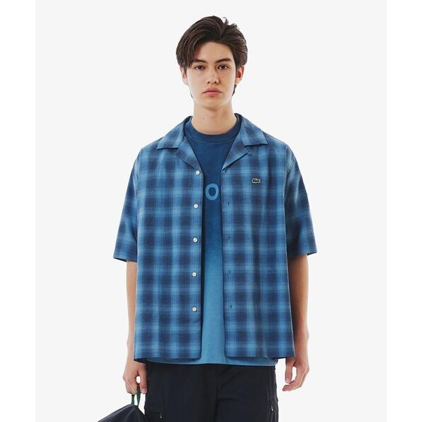 シャツ リネンブレンドオープンカラーオンブレチェックシャツ メンズ