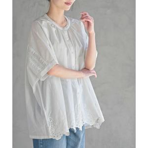 ブラウス シャツ 夏 半袖 裾刺繍バンドカラードルマンブラウス レディース