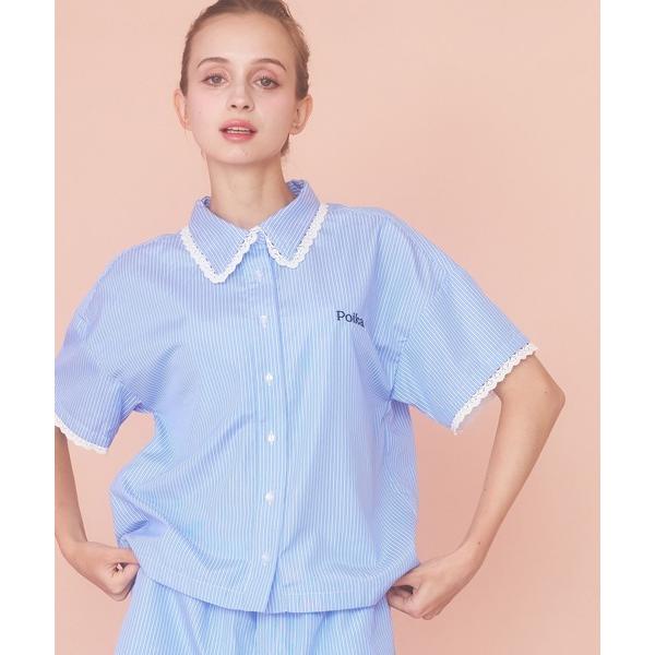 ブラウス シャツ ストライプレース刺繍シャツ レディース