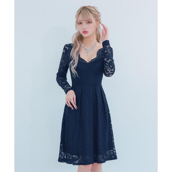 ドレス キャバドレス ミニ フレア 長袖 総レース ハイウエスト切替膝丈プチプラドレス キャバワンピ