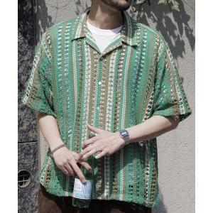 シャツ FREAK’S STORE/フリークスストア インド製 リラックスフィット 総柄レース マルチストライプ オープンカラーシャツ ショートスリー