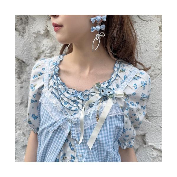 イヤリング gingham check shibori flower earrings レディース
