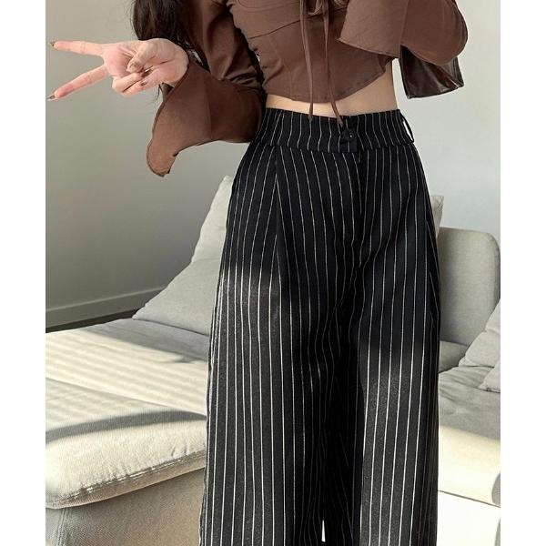 スラックス パンツ 「通勤・通学」ハイウエスト ピンストライプ ワイドパンツ レディース