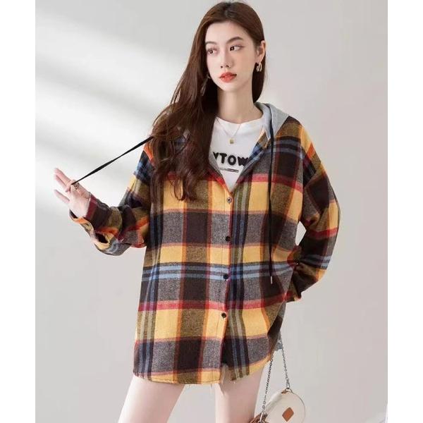 パーカー ゆるダボ感が今っぽい♪フード付きチェックトップス レディース