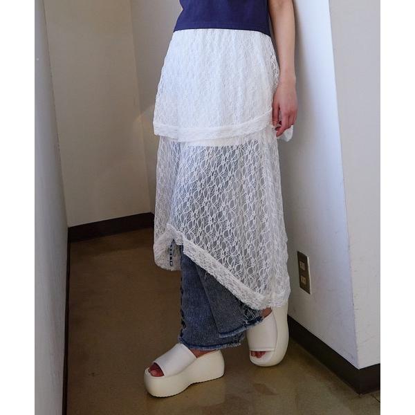 スカート 「透け感レース×アシメヘム」レディース ロング スカート 体型カバー 春夏秋