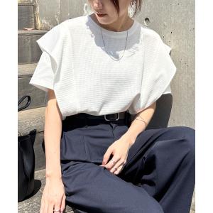 tシャツ 「ISOOK / アイスー」ラッフルショルダーワッフルT / ラッフルスリーブ フレアスリーブ プルオーバー ブラウス Tシャツ ワッフル生