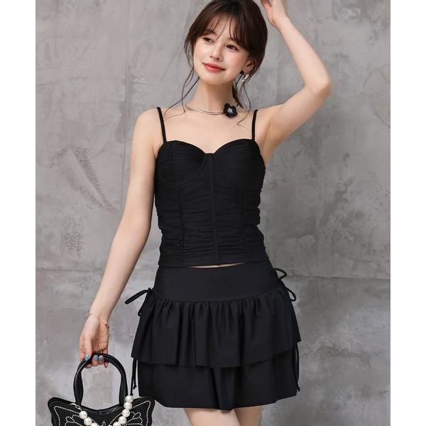 水着 レディース水着 大人のバレエコア。ギャザービスチェ風リボンビキニ+ダブルフリルスカート 3点セ...