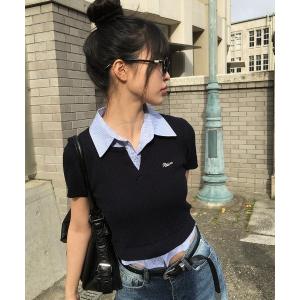 ニット セーター 配色シャツレイヤード風半袖ニット レディース
