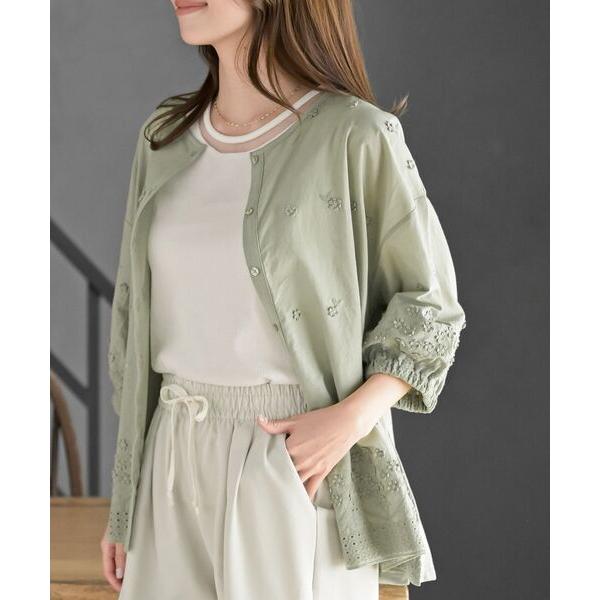 ブラウス シャツ ３Ｄ刺繍布帛×カット切替７分袖ブラウス レディース