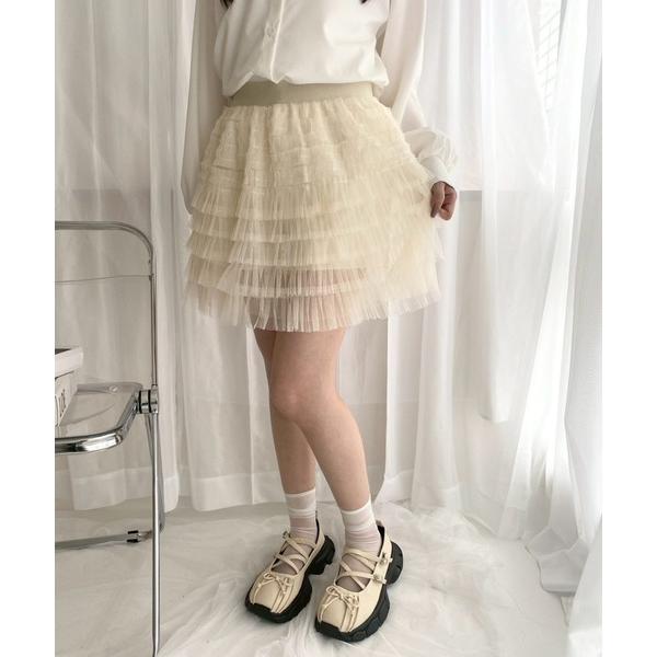 スカート チュールティアードミニスカート