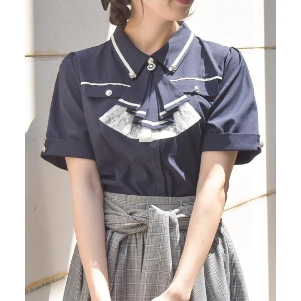 ブラウス シャツ フリルジャボ付配色ラインブラウス レディース