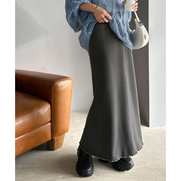 スカート スタイルアップが叶うIラインシルエットが美しい。裾メロウ配色リブニットスカート (ロング丈...