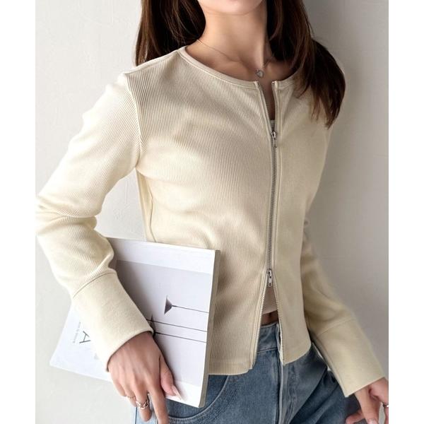 カーディガン 華奢見え、な上品シルエット♪綿100％ダブルジップリブカーディガントップス レディース