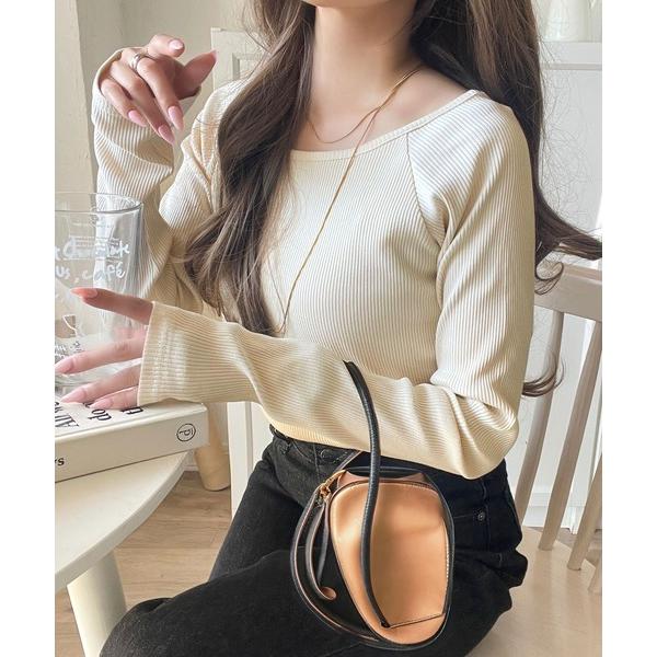 tシャツ デコルテラインを美しく演出。クルーネックリブトップス（長袖） レディース