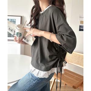 tシャツ 半袖 体型カバーも叶う！重ね着風で即こなれ感♪ レイヤード風サイドドロスト裾 綿100％レースビッグTシャツ レディース