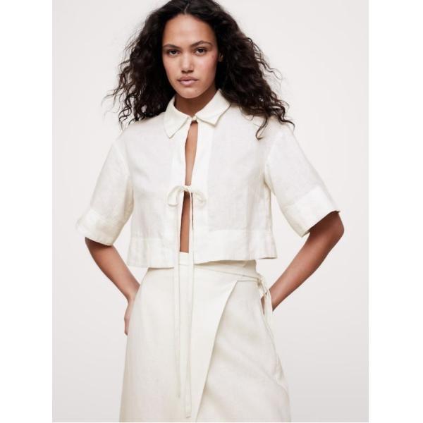 ブラウス シャツ リネン タイフロント クロップド シャツ レディース