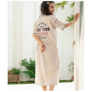 ワンピース 配色ステッチ ロゴ 半袖 マキシ ロング Tシャツ ワンピース
