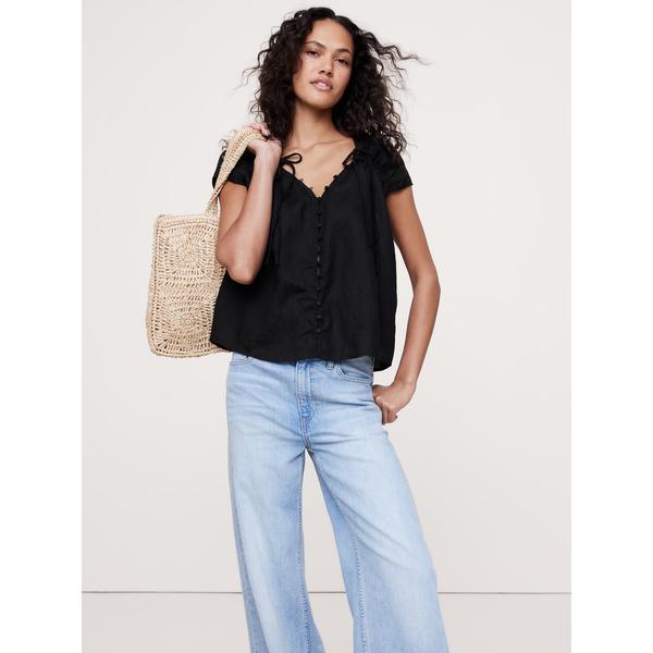 ブラウス シャツ オーバーサイズ リネン ボタンフロント ドローストリング トップス レディース