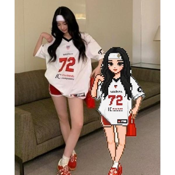 tシャツ ナンバリング ユニフォーム 韓国 ストリート y2k 古着風 半袖 Tシャツ Vネック オ...