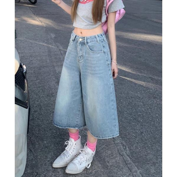 ジーンズ デニム デニムパンツ ウォッシュ加工 デニムクロップバミューダハーフパンツ レディース